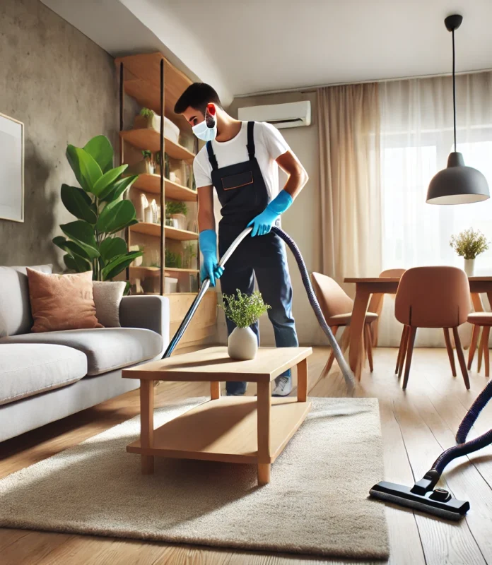 DALL·E 2025-03-14 04.40.04 - A cozy, well-lit modern living room with a professional cleaner wiping surfaces and vacuuming. The home appears fresh